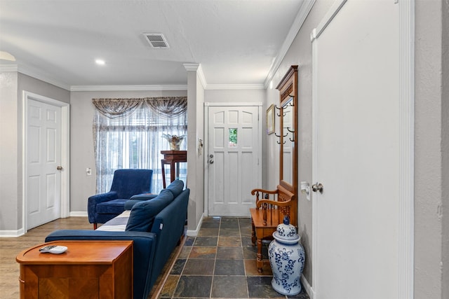 6301 Shadydell Dr, Fort Worth, TX 76135 - living area featuring crown molding and dark stone finish floors