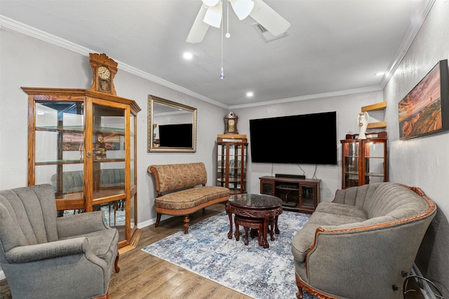 6301 Shadydell Dr, Fort Worth, TX 76135 - living room with a ceiling fan, wood finished floors, ornamental molding, and recessed lighting