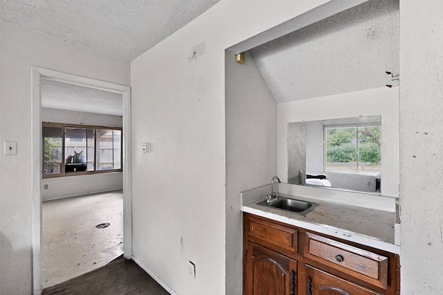 1801 Plantation Rd, Garland, TX 75044 - bar with a textured ceiling, concrete flooring, and vaulted ceiling