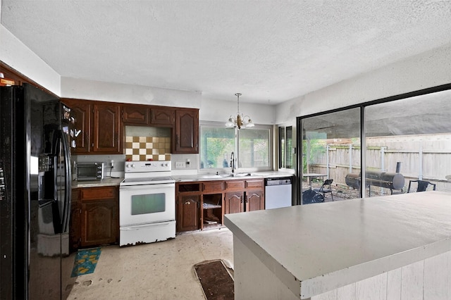 1801 Plantation Rd, Garland, TX 75044 - kitchen featuring black fridge with ice dispenser, white electric stove, dishwasher, light countertops, and a textured ceiling