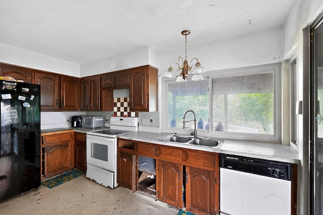 1801 Plantation Rd, Garland, TX 75044 - kitchen featuring white appliances, light countertops, a chandelier, and pendant lighting