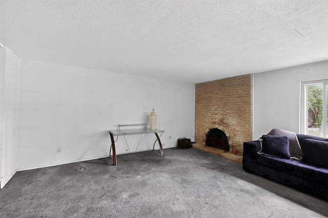 1801 Plantation Rd, Garland, TX 75044 - unfurnished living room with a textured ceiling, carpet, and a brick fireplace