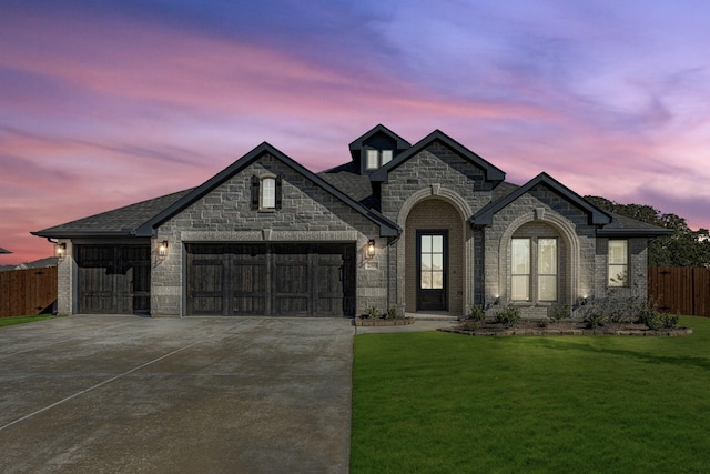 2500 Fischer Ln, Mansfield, TX 76063 - french country style house featuring driveway, a garage, stone siding, brick siding, and a shingled roof