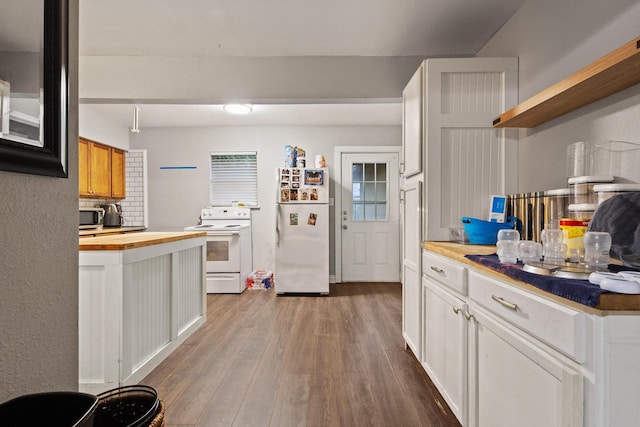 1601 W Bond St, Denison, TX 75020 - kitchen featuring white appliances, butcher block countertops, wood finished floors, and open shelves