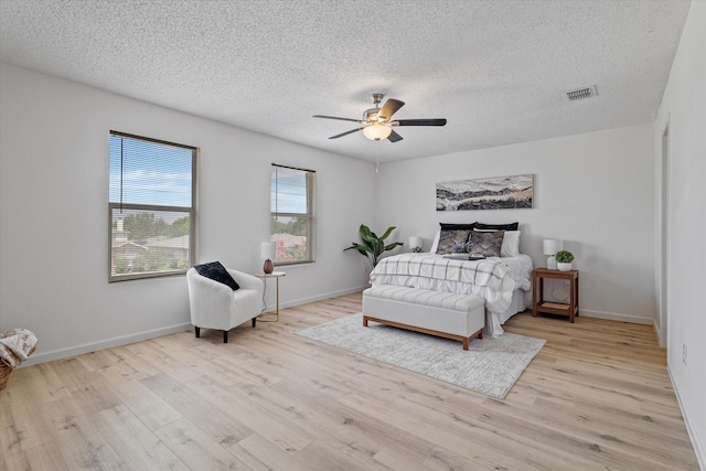 3300 Jacobs Dr, Mckinney, TX 75070 - bedroom featuring a textured ceiling, light wood-style flooring, and a ceiling fan