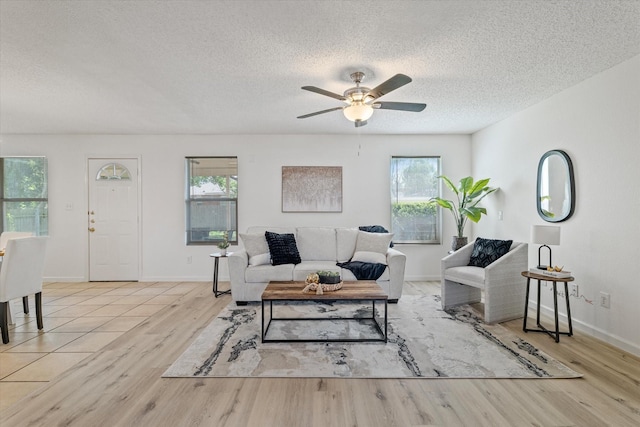 3300 Jacobs Dr, Mckinney, TX 75070 - living room with ceiling fan, a textured ceiling, healthy amount of natural light, and wood finished floors