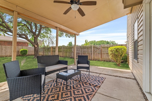 3300 Jacobs Dr, Mckinney, TX 75070 - fenced backyard with a ceiling fan, a patio area, and outdoor lounge area