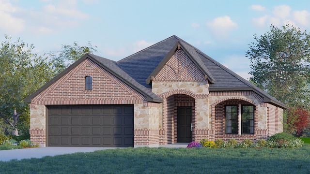 1160 Avery Rd, Granbury, TX 76049 - french country home featuring stone siding, brick siding, a garage, and a front yard