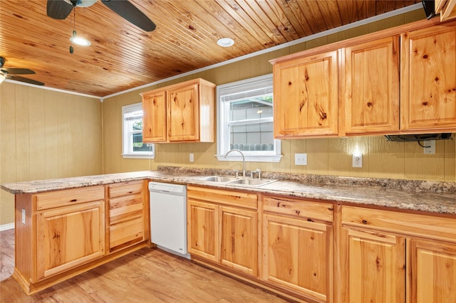 2911 W Day St, Denison, TX 75020 - kitchen featuring white dishwasher, a ceiling fan, wooden ceiling, light brown cabinets, and a peninsula