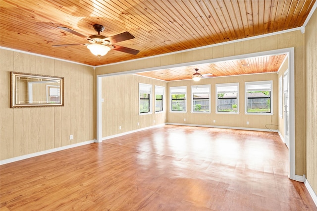 2911 W Day St, Denison, TX 75020 - unfurnished room featuring wood ceiling, ceiling fan, light wood-type flooring, wood walls, and crown molding