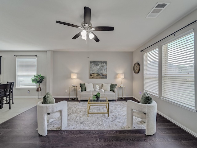 2460 Open Range Dr, Fort Worth, TX 76177 - living room with healthy amount of natural light, ceiling fan, and dark wood-style flooring