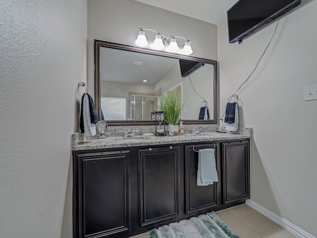 2460 Open Range Dr, Fort Worth, TX 76177 - full bathroom with an enclosed shower, double vanity, and tile patterned floors