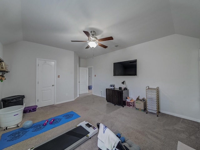 2460 Open Range Dr, Fort Worth, TX 76177 - exercise area featuring lofted ceiling, ceiling fan, and carpet floors