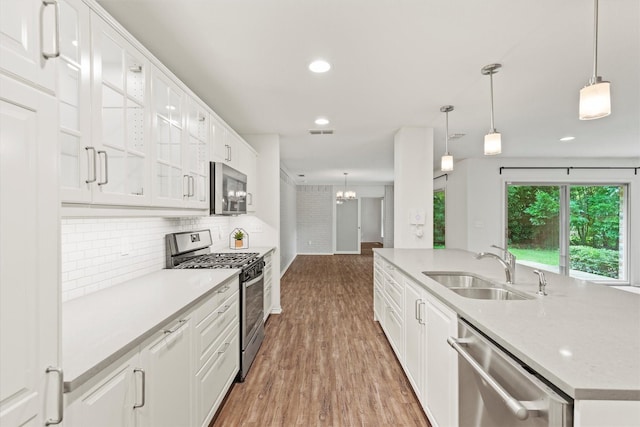 8620 S County Rd, Frisco, TX 75034 - kitchen with appliances with stainless steel finishes, wood finished floors, white cabinetry, glass insert cabinets, and hanging light fixtures