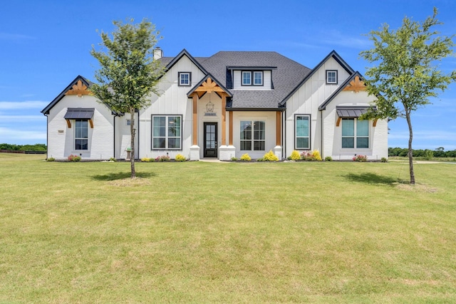 140 Friesian Ln, Waxahachie, TX 75167 - modern farmhouse featuring board and batten siding, a front lawn, a chimney, and a shingled roof