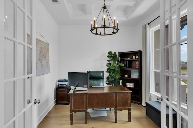 140 Friesian Ln, Waxahachie, TX 75167 - office featuring a chandelier, light wood-type flooring, french doors, and crown molding
