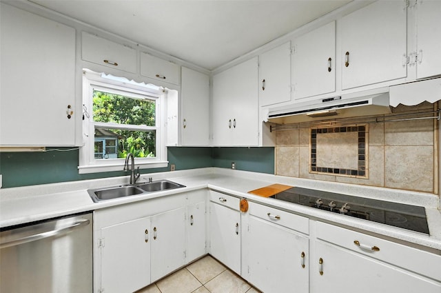1514 Azalea Dr, Arlington, TX 76013 - kitchen with stainless steel dishwasher, black electric stovetop, white cabinets, and light tile patterned floors