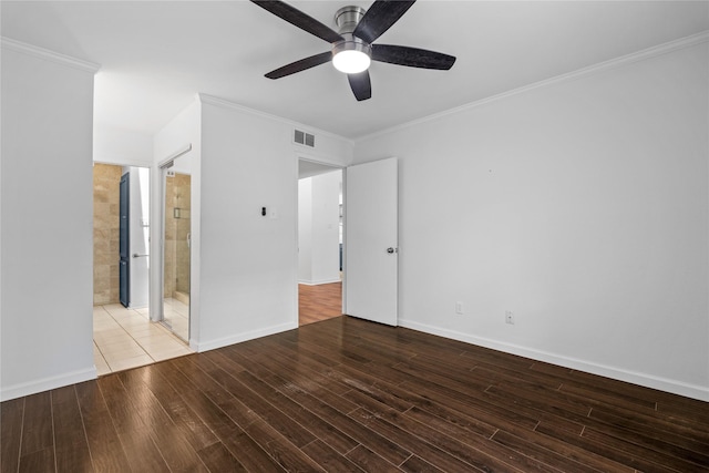 350 W Harwood Rd Unit A, Hurst, TX 76054 - unfurnished bedroom featuring wood finished floors, crown molding, ensuite bathroom, and ceiling fan