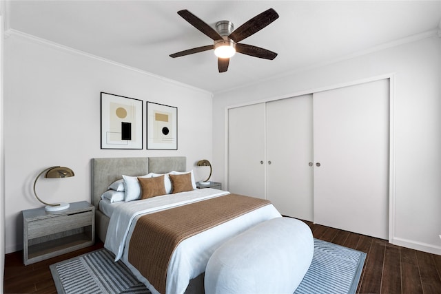 350 W Harwood Rd Unit A, Hurst, TX 76054 - bedroom with crown molding, wood finished floors, a closet, and a ceiling fan