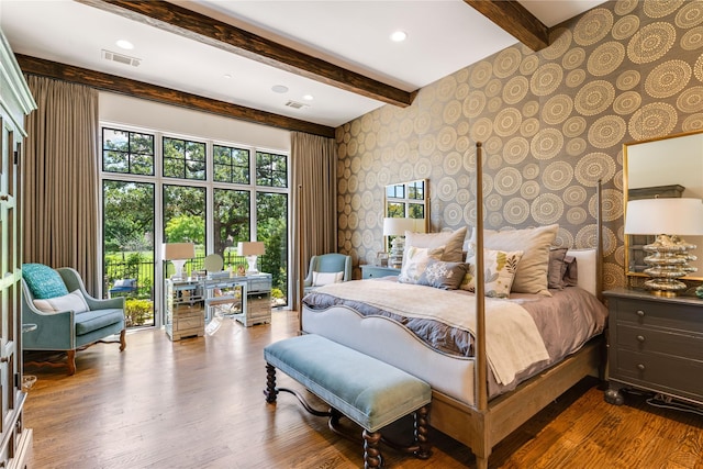2307 Cedar Elm Ter, Westlake, TX 76262 - bedroom featuring beamed ceiling, multiple windows, wood finished floors, access to outside, and recessed lighting