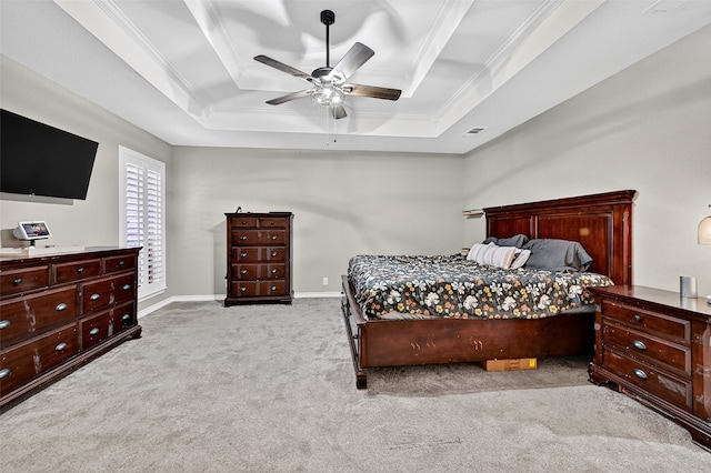218 Bryant St, Pottsboro, TX 75076 - carpeted bedroom featuring ornamental molding, a raised ceiling, and ceiling fan