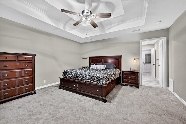 218 Bryant St, Pottsboro, TX 75076 - carpeted bedroom featuring a tray ceiling, ornamental molding, and ceiling fan
