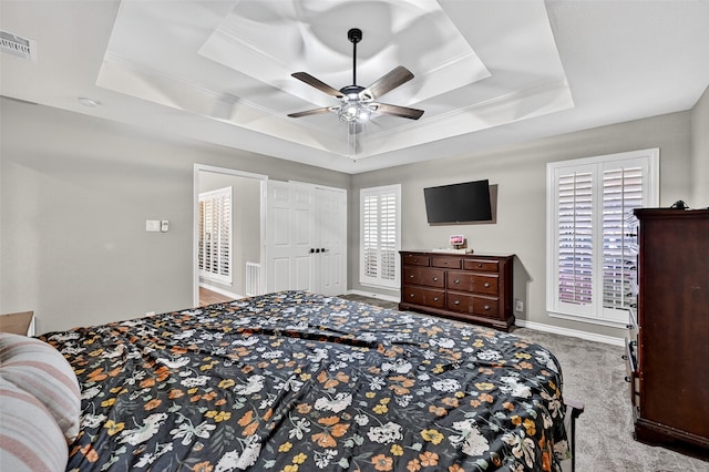 218 Bryant St, Pottsboro, TX 75076 - bedroom with a raised ceiling, carpet floors, ornamental molding, and ceiling fan