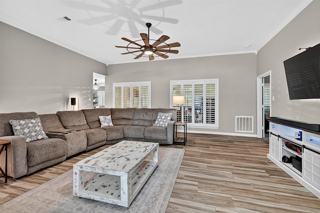218 Bryant St, Pottsboro, TX 75076 - living area with ceiling fan, crown molding, and light wood-style floors