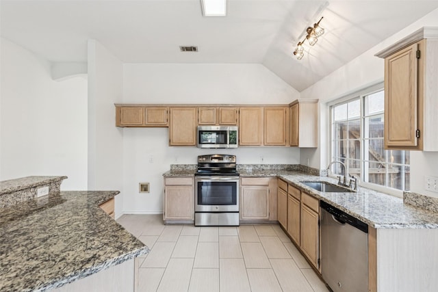 10412 Harris Ct, Irving, TX 75063 - kitchen with appliances with stainless steel finishes, vaulted ceiling, light stone counters, light tile patterned flooring, and rail lighting