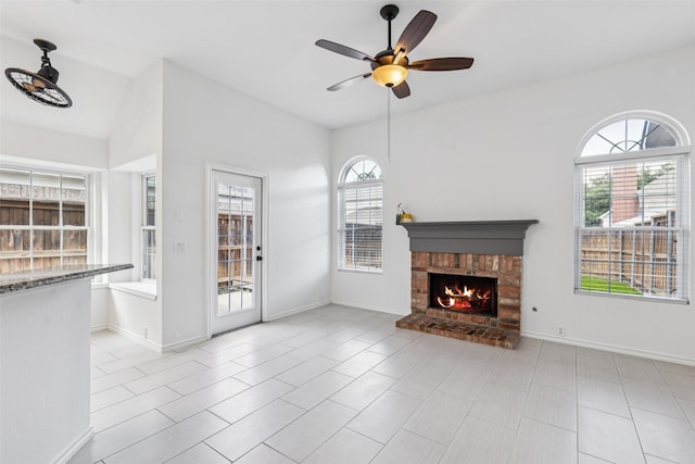 10412 Harris Ct, Irving, TX 75063 - unfurnished living room with a fireplace and a ceiling fan