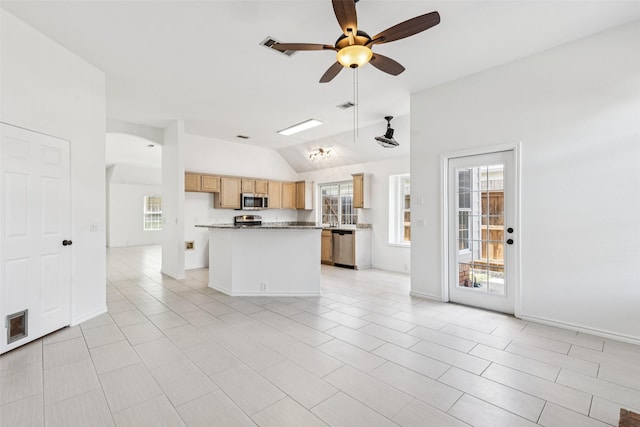 10412 Harris Ct, Irving, TX 75063 - kitchen featuring appliances with stainless steel finishes, lofted ceiling, a ceiling fan, a center island, and open floor plan