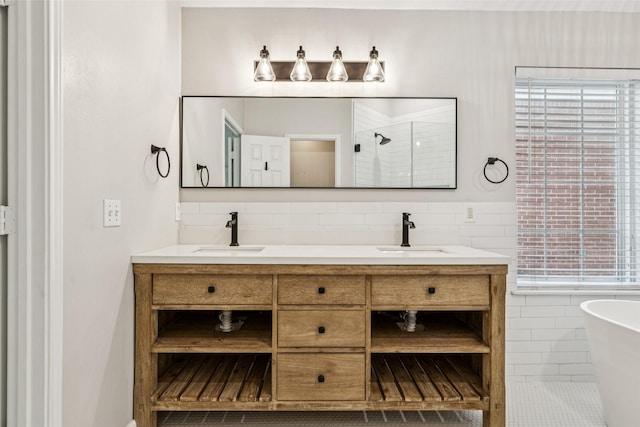 10412 Harris Ct, Irving, TX 75063 - full bath featuring a shower stall, double vanity, a freestanding tub, tile walls, and tile patterned floors