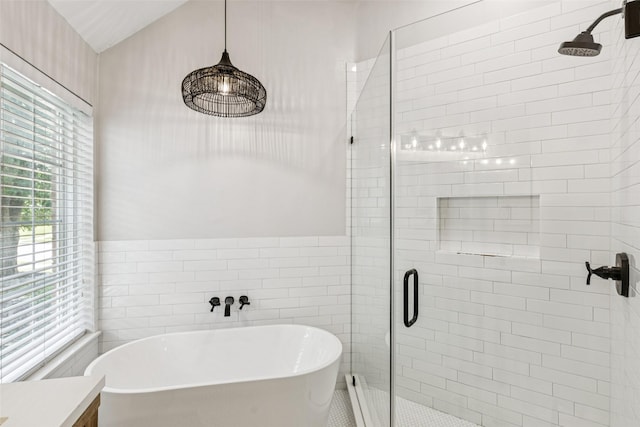 10412 Harris Ct, Irving, TX 75063 - bathroom featuring a stall shower, plenty of natural light, a freestanding bath, and tile walls
