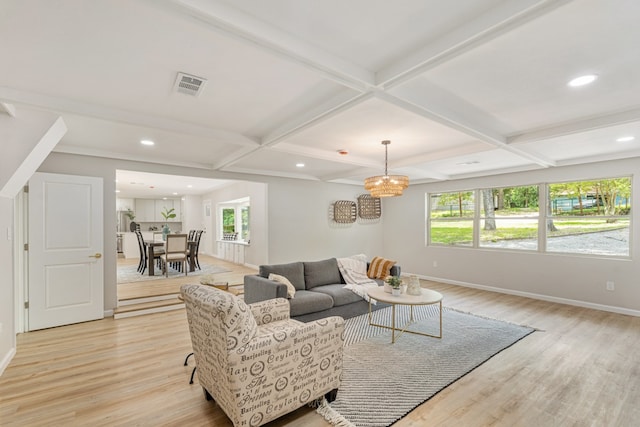 2155 Hickory Trce, Mabank, TX 75156 - living room with light wood-style floors, healthy amount of natural light, beamed ceiling, recessed lighting, and coffered ceiling