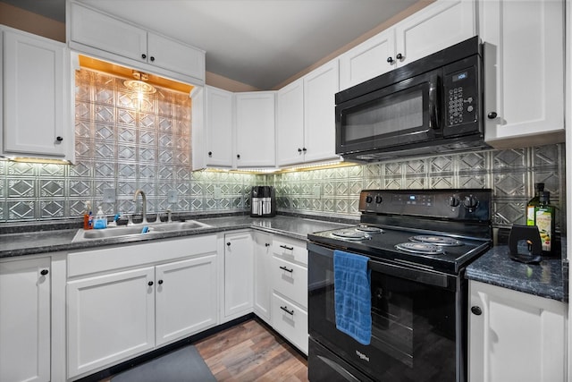 336 Arrowhead St, Fort Worth, TX 76108 - kitchen featuring black appliances, white cabinets, dark countertops, backsplash, and dark wood finished floors