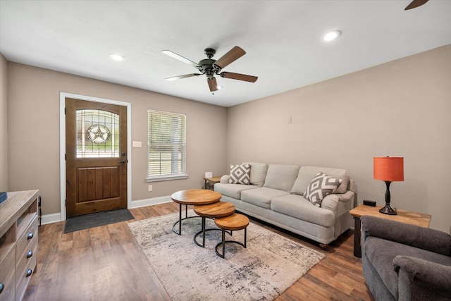 336 Arrowhead St, Fort Worth, TX 76108 - living room featuring ceiling fan, wood finished floors, and recessed lighting