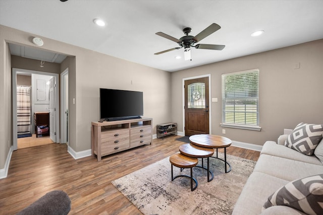 336 Arrowhead St, Fort Worth, TX 76108 - living area featuring attic access, ceiling fan, wood finished floors, and recessed lighting