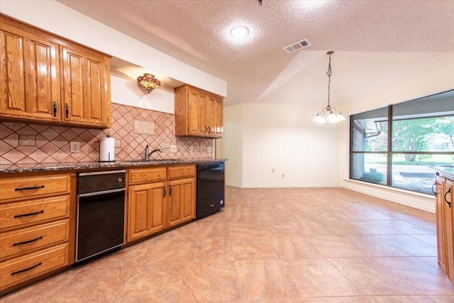 1115 Shady Oak Trl, Mansfield, TX 76063 - kitchen with dishwasher, a chandelier, brown cabinets, a textured ceiling, and decorative backsplash
