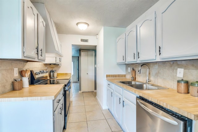 1913 Northwind Ct, Garland, TX 75040 - kitchen featuring stainless steel dishwasher, range with electric cooktop, decorative backsplash, light tile patterned floors, and white cabinetry