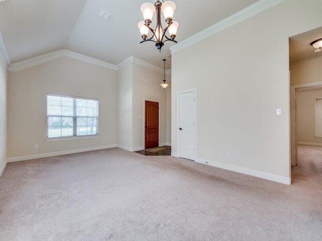 7425 Ty Cir, Mckinney, TX 75072 - empty room featuring a chandelier, carpet flooring, ornamental molding, and lofted ceiling