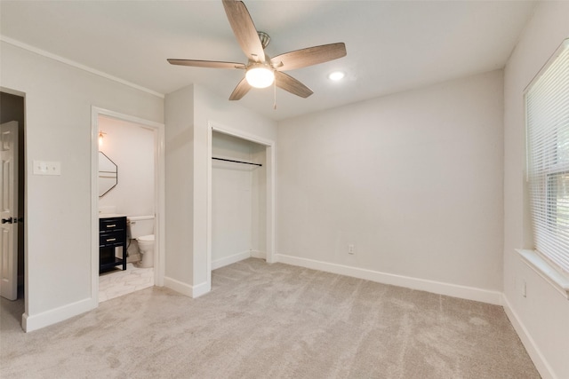 524 Browning Dr, Arlington, TX 76010 - unfurnished bedroom with light colored carpet, ensuite bath, a closet, and ceiling fan