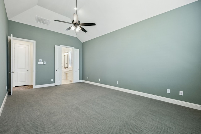 1713 Purple Thistle Ln, Fort Worth, TX 76008 - unfurnished bedroom featuring lofted ceiling, carpet floors, connected bathroom, and ceiling fan