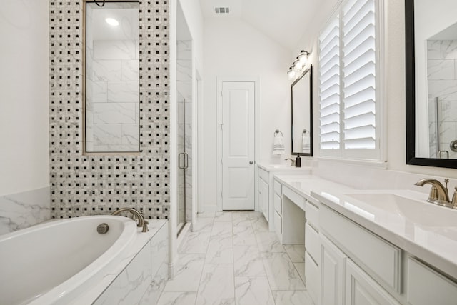 1713 Purple Thistle Ln, Fort Worth, TX 76008 - full bathroom featuring marble finish flooring, a shower stall, double vanity, a bath, and vaulted ceiling