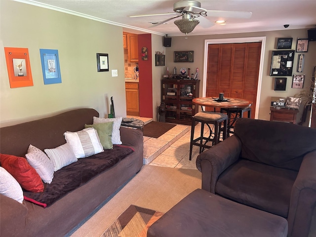 625 N Bailey Ave, Fort Worth, TX 76107 - living room featuring ornamental molding, a ceiling fan, and light tile patterned floors