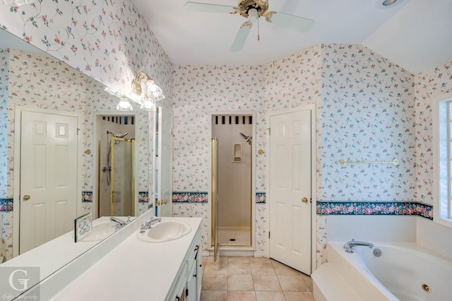 8 Sterling Ranch Rd N, Haughton, LA 71037 - bathroom with wallpapered walls, a stall shower, a ceiling fan, a whirlpool tub, and vanity