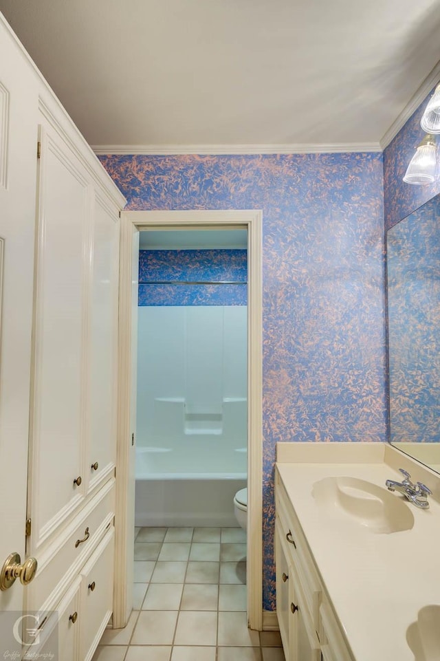 8 Sterling Ranch Rd N, Haughton, LA 71037 - bathroom featuring double vanity, tile patterned floors, crown molding, wallpapered walls, and  shower combination