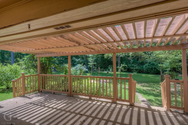 8 Sterling Ranch Rd N, Haughton, LA 71037 - wooden terrace with a pergola, a yard, a patio area, and view of wooded area