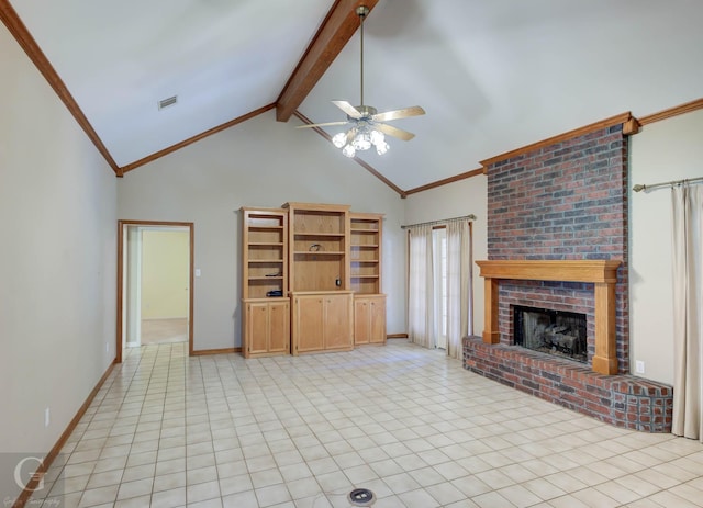 8 Sterling Ranch Rd N, Haughton, LA 71037 - unfurnished living room featuring ceiling fan, a fireplace, beam ceiling, light tile patterned flooring, and crown molding