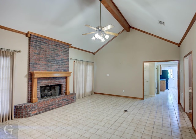 8 Sterling Ranch Rd N, Haughton, LA 71037 - unfurnished living room with ceiling fan, a brick fireplace, beamed ceiling, light tile patterned floors, and high vaulted ceiling