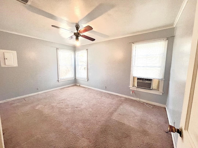 2824 W Caperton St, Shreveport, LA 71109 - empty room featuring ornamental molding, ceiling fan, carpet flooring, a textured ceiling, and cooling unit